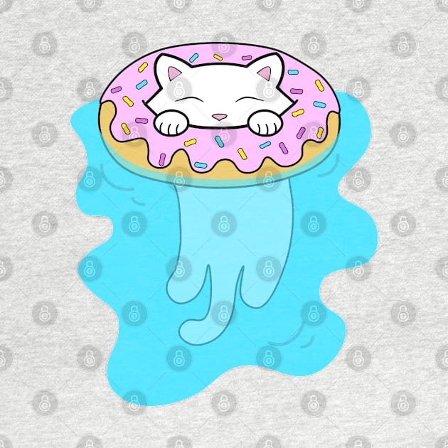 Cute white kitten swimming in a pool with water donut by Purrfect